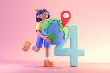 Poster - 3D illustration of a girl holding the earth with a location pin on it  next to the number 4.