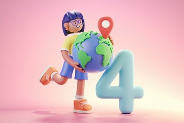 Poster - 3D cartoon character holding Earth globe with a location pin