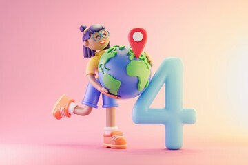Poster - 3D illustration of a girl holding a globe with a location pin on it next to the number 4