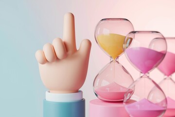 Poster - A cartoon hand points towards a row of hourglasses with pink and yellow sand.