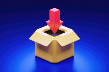 Poster - Red download arrow pointing into an open box on a blue background