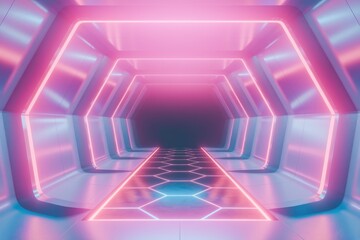 Poster - Futuristic corridor with pink neon lights and hexagonal floor.