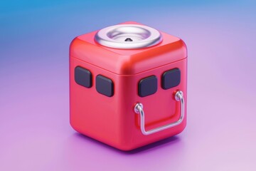 Poster - Red metallic box with a handle and buttons on a purple background.