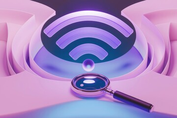Poster - A magnifying glass investigates a glowing wifi symbol in a 3D abstract scene.