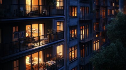 Poster - A row of apartments with balconies and windows lit up at night