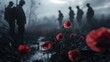 © flurik - Silhouettes of Soldiers Amidst Field of Poppies in Moody Dawn Mist with Dramatic Atmosphere