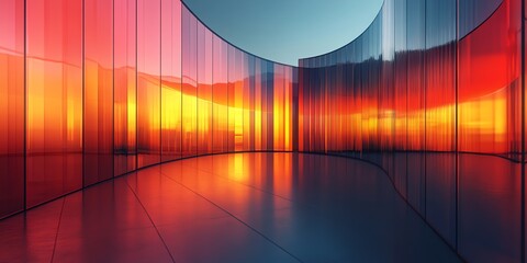 Poster - Abstract modern architectural interior with curved glass walls reflecting a colorful sunset.