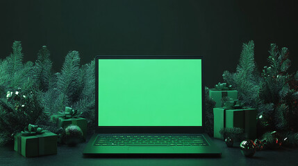 Fototapete - 3d realistic render of laptop with green screen chroma key monitor indoor location in dark black atmosphere in Christmas new year eve panorama scene indoors