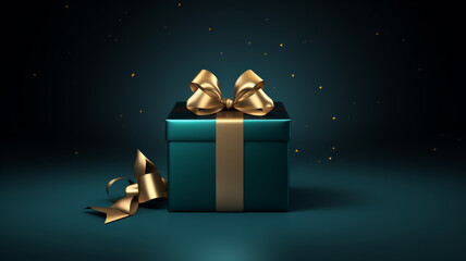 Wall Mural - Teal gift box with gold ribbon and confetti celebrating christmas, birthday or winter holidays