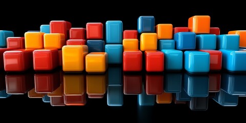 Poster - Colorful glossy cubes with reflections on black background.