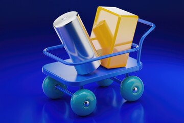 Poster - A blue toy shopping cart with yellow and silver objects inside.