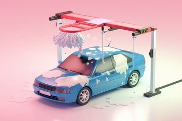 Poster - A blue car is being washed with foam at a car wash.