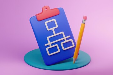 Poster - 3D rendering of a clipboard with a hierarchy diagram and a pencil.
