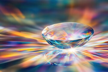 Poster - A Shimmering Crystal Bowl Reflecting Vibrant Colors on a Luminous Surface at Dawn