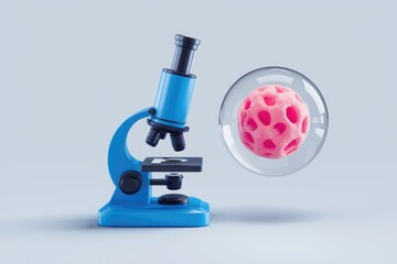 Aufkleber - A blue microscope focused on a pink cell in a bubble.