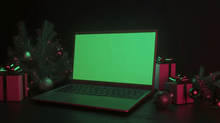 Fototapete - 3d realistic render of laptop with green screen chroma key monitor indoor location in dark black atmosphere in Christmas new year eve panorama scene indoors
