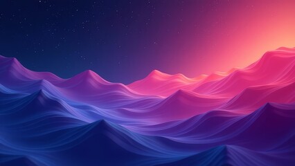 Poster - A beautiful mountain range with a pink sky and a large moon in the background. The sky is filled with stars and the moon is shining brightly. The mountains are covered in snow