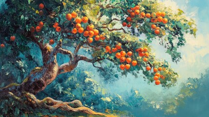 Oil painting featuring a tropical tree abundant with medlars showcasing vibrant colors and natural beauty