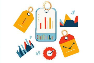 Poster - Colorful price tags with graphs and data visualizations on a white background.