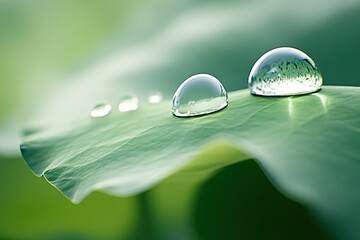 Poster - Water Droplets Embellish a Lotus Leaf, Showcasing Surface Tension and Light Reflections