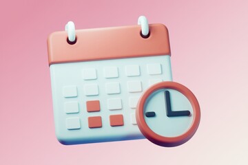 Poster - 3D calendar icon with a clock  time management concept.