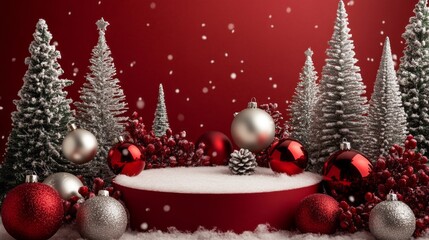 Poster - A red background with a Christmas tree in the foreground