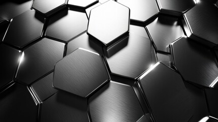 Poster - Close-up of glossy black hexagonal tiles, showcasing a sleek and modern design with reflective surfaces.