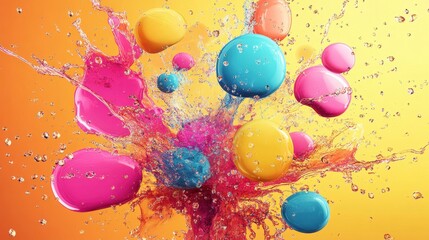 Poster - Vibrant splash of colored droplets creating a lively explosion against a warm orange background.