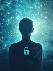 Poster - A silhouette of a person stands before a glowing digital backdrop, highlighting the importance of privacy protection in AI systems. Generative AI