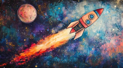 Wall Mural - rocket soaring through space in a mixed media artwork