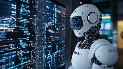 Fototapete - A white humanoid robot stands in front of a large screen displaying lines of code. The robot is looking at the code with a thoughtful expression.