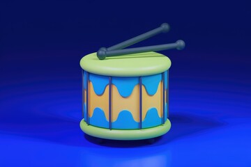 Poster - A cartoon drum with two drumsticks on a blue background.