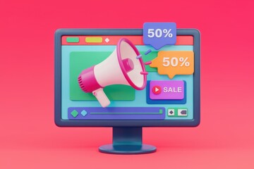 Poster - A 3D illustration of a computer screen with a megaphone and 50% off sale signs.