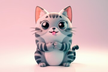 Poster - Cute cartoon cat with big eyes and pink tongue sitting on a white background
