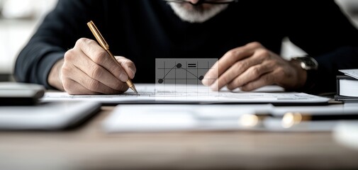 Aufkleber - A person writes on paper with a pen, surrounded by office supplies, showcasing a productive workspace.