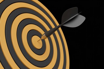 Poster - A black dart hits the bullseye of a yellow and black dartboard.