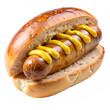 © GStock - Grilled bratwurst with mustard on bun isolated on transparent background. AI Generative