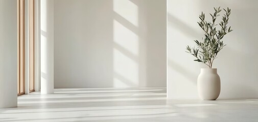 Poster - A minimalist interior space featuring light walls, natural light streaming through, and a decorative potted plant in a simple vase.
