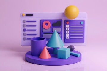 Aufkleber - Colorful geometric shapes on purple platform with computer screen.
