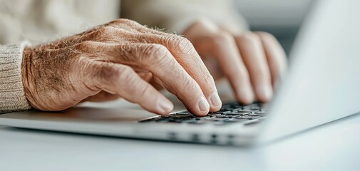 Aufkleber - A close-up of hands typing on a laptop keyboard, highlighting the texture and details of aged skin against a modern digital device.