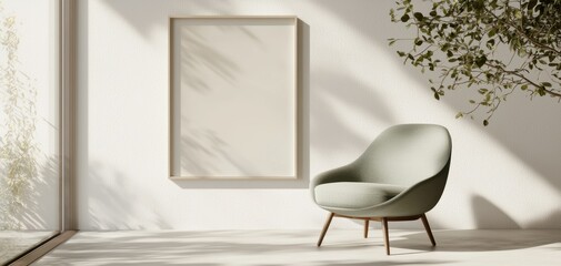 Aufkleber - A minimalist interior featuring a light green chair and a blank framed on a textured wall with natural light.