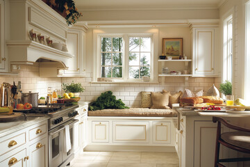 American kitchen with classic white cabinetry, subway tile backsplash, brass handles, and a wooden breakfast nook with cozy upholstered seating.  home interior 