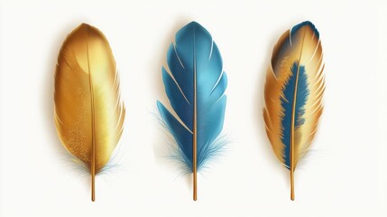 Poster - Three intricately designed feathers in gold and blue tones, showcasing elegance and texture.