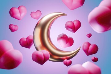 Poster - A golden crescent moon surrounded by floating pink hearts on a light blue background.