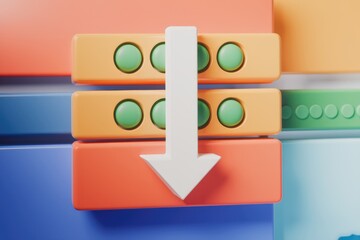 Poster - A white arrow pointing down  surrounded by colorful buttons.