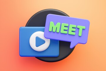 Aufkleber - 3D illustration of a video call invitation with a play button and a speech bubble saying MEET