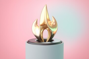 Poster - A golden flame sculpture on a light blue cylinder against a pink and blue gradient background