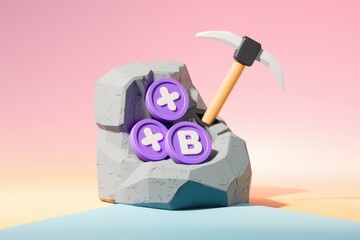 Poster - A pickaxe mining purple coins with a B and a + from a grey rock