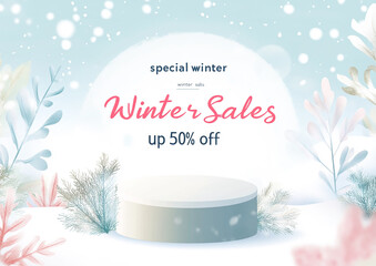 Poster - Winter sale banner with podium and text special winter sales up to 50% off