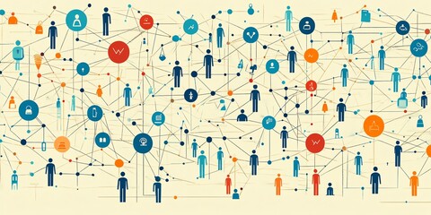 Poster - Abstract illustration of interconnected people, symbols, and lines, representing network and collaboration.